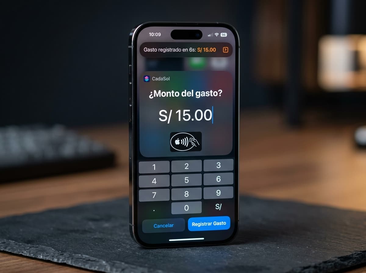 Captura de pantalla de CadaSol en iPhone 16 Pro con Dynamic Island y Atajo de Apple